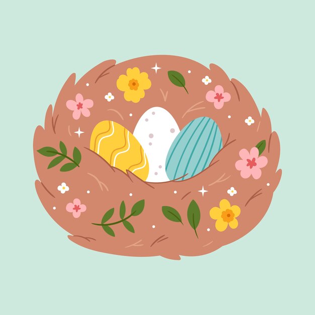 Vector easter eggs in a spring nest with flowers easter card happy easter cute spring illustration