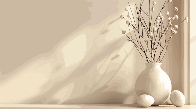 Vector easter eggs and tree branches in vase near beige wall