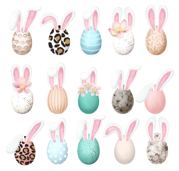 Easter eggs with bunny ears clipart hand drawn isolated illustration on white background