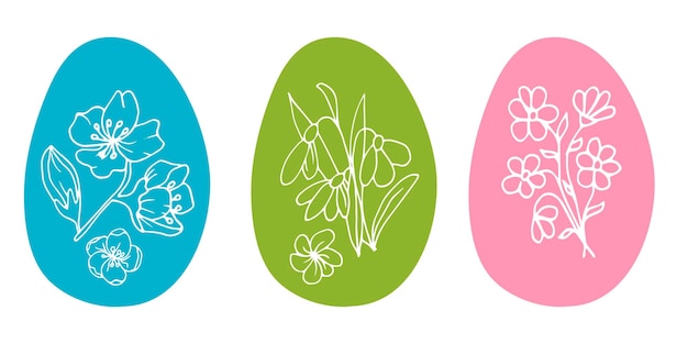 Easter eggs with flowers Hand drawn vector isolated set in doodle style for greeting cards posters a