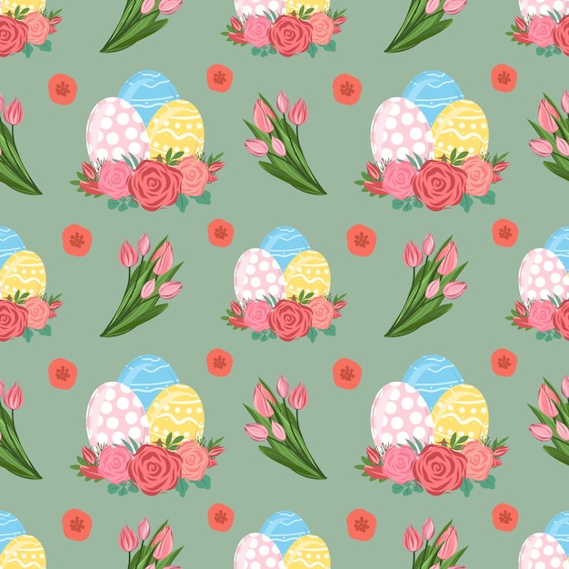 Easter eggs with flowers wreath Vector seamless pattern on green background