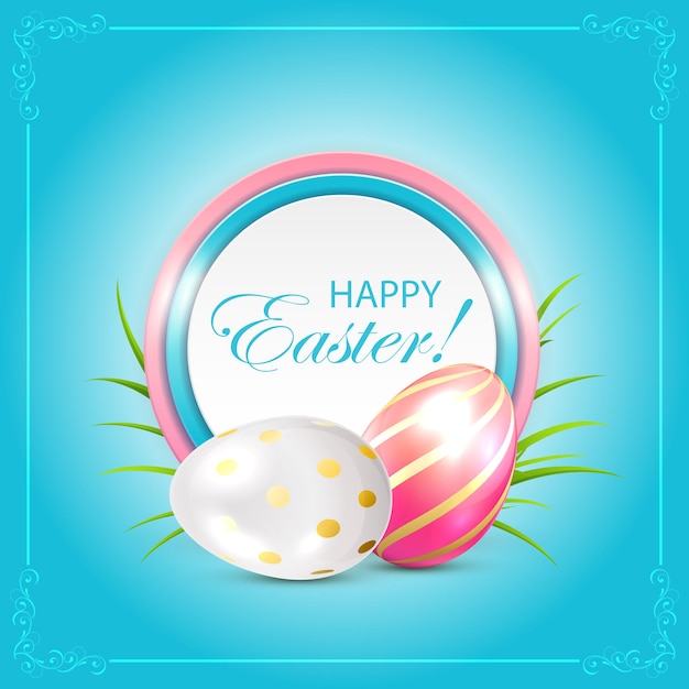 Easter eggs with round card on blue background, illustration.