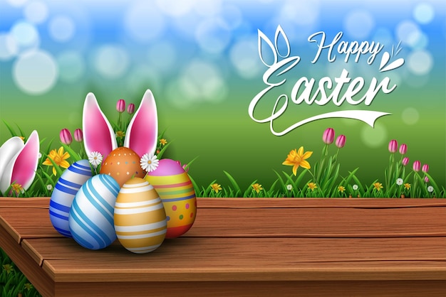 Easter eggs on wooden table with grasses and flower background and rabbit ears creative illustration