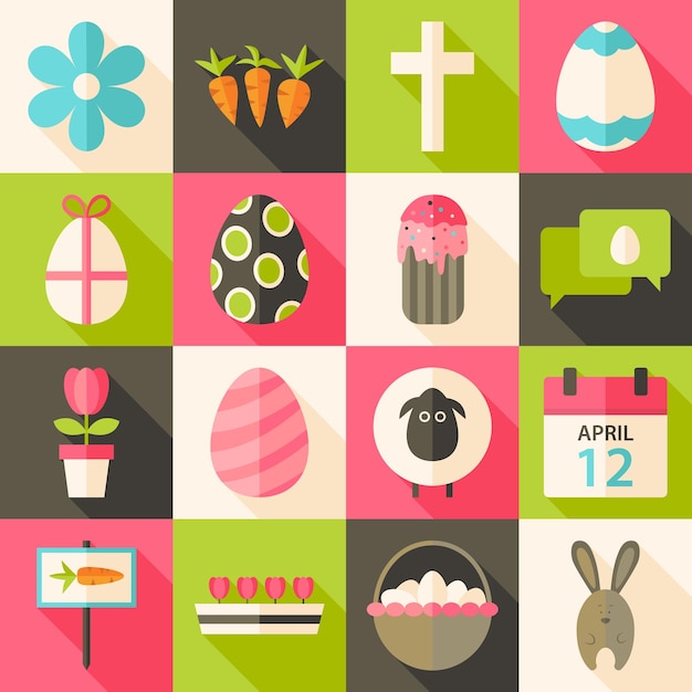 Easter flat styled icon set 3 with long shadow. Flat stylized icons set with long shadow