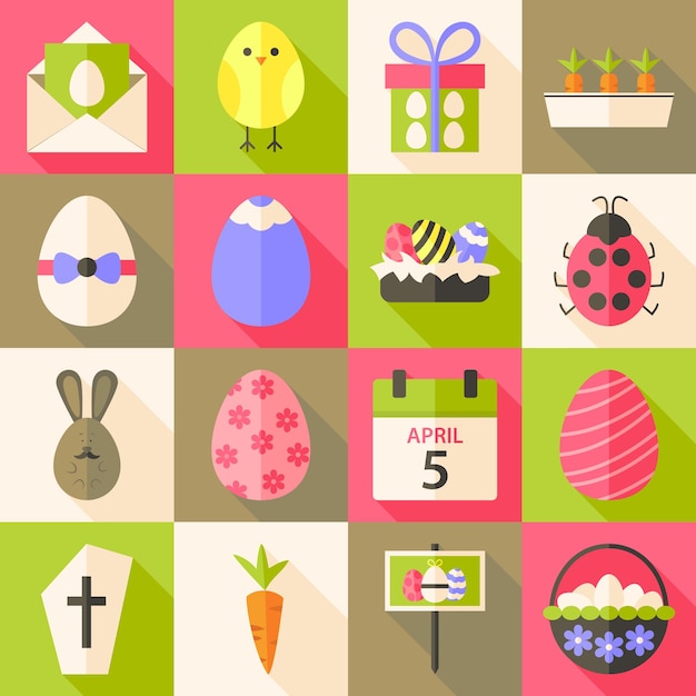 Easter flat styled icon set 4 with long shadow. Flat stylized icons set with long shadow