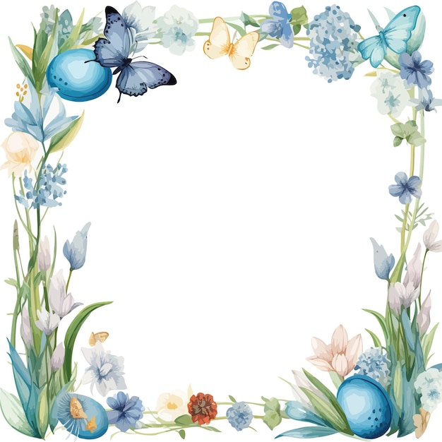 Easter frame of grass flowers and butterflies watercolor Vector illustration