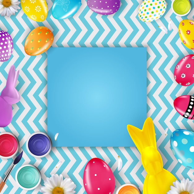 Easter frame template with 3d realistic Easter eggs and bunny