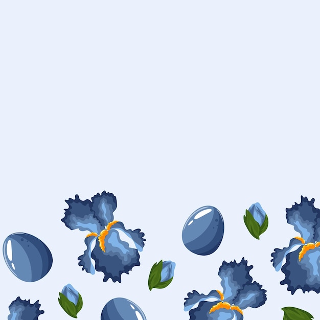 easter frame with blue irises and blue easter eggs on a pale blue background are located below