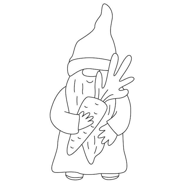 Easter funny gnome with carrot Doodle hand drawn illustration black outline