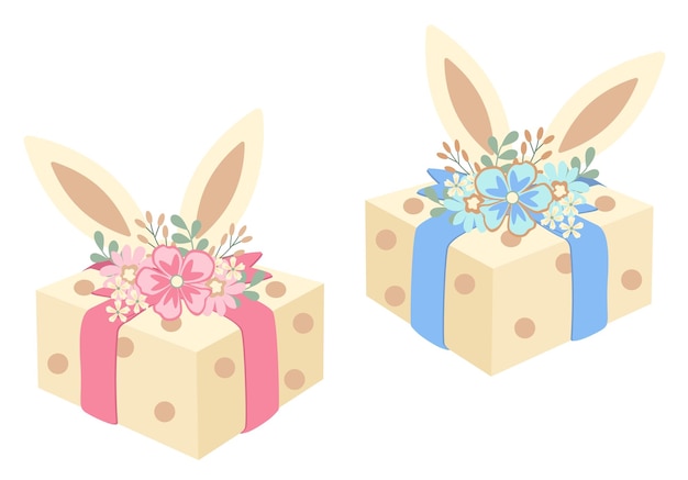 Easter gift in a box. Gift with bunny ears pink and blue. Vector illustration isolated on white back