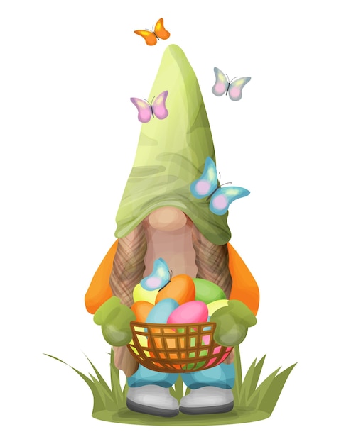 Vector easter gnome holding a basket of eggs against the background of flying butterflies