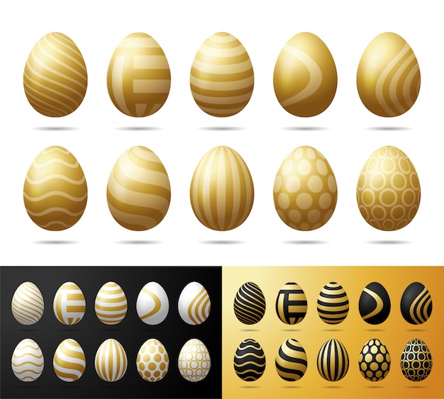 Easter golden eggs set. Realistic eggs with black, white and glitter gold ornament isolated