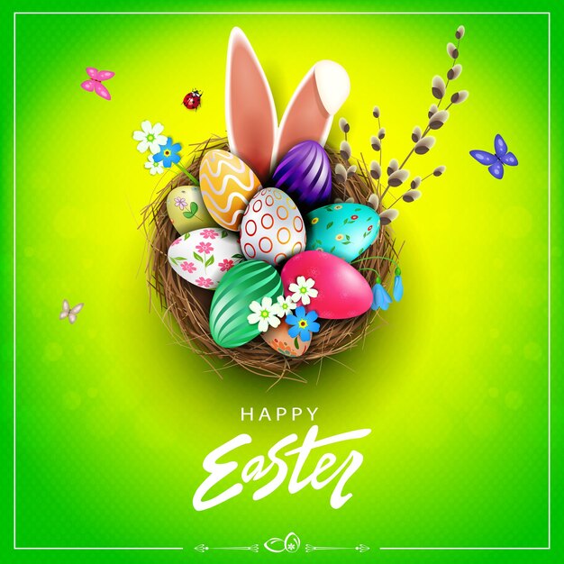 Easter green design with nest, patterned eggs, bunny ears and willow twig.