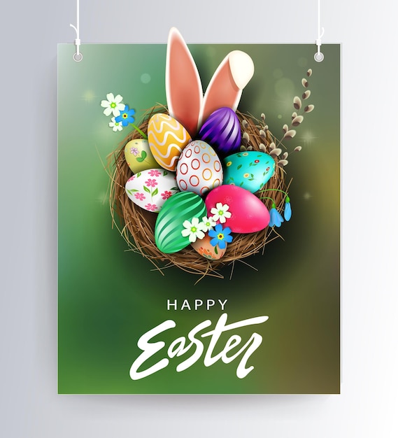 Easter green design with nest, patterned eggs, bunny ears and willow twig.