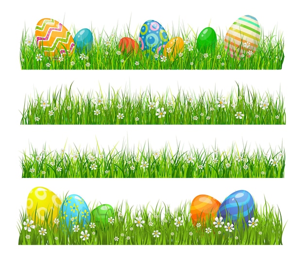 Vector easter green grass with eggs flowers