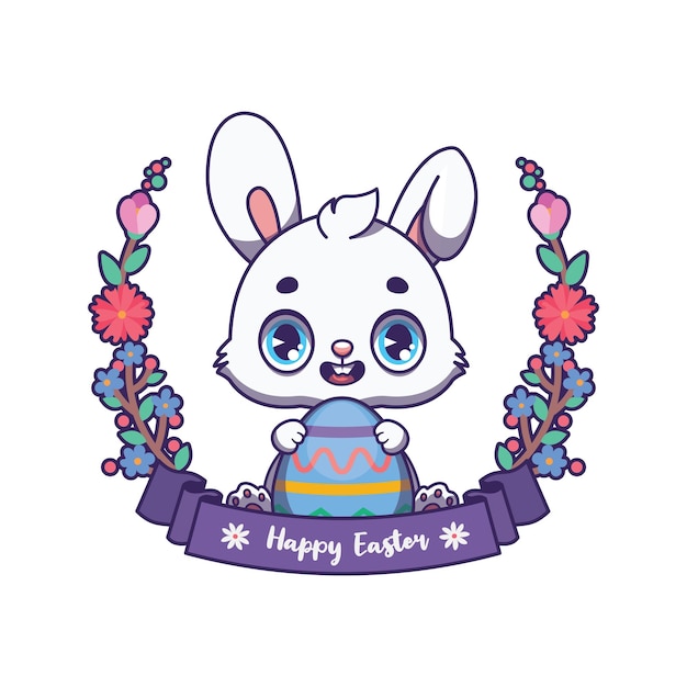 Easter greeting of an adorable white bunny holding a painted egg