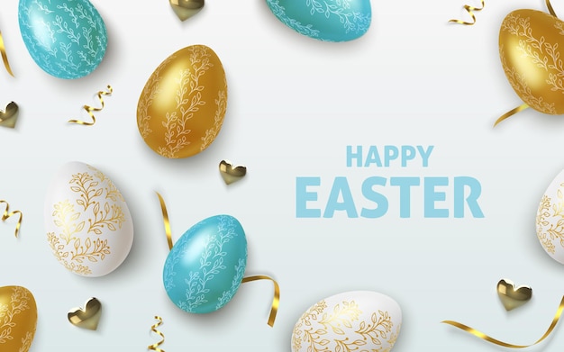 Easter greeting background with realistic golden, blue and white Easter eggs.