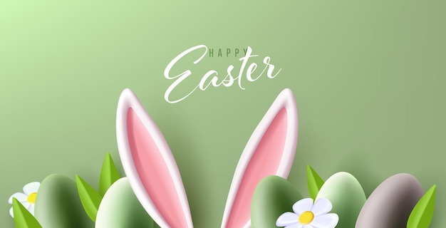 Easter greeting card with bunny ears colourful eggs and flowers on the bottom of the green 3d