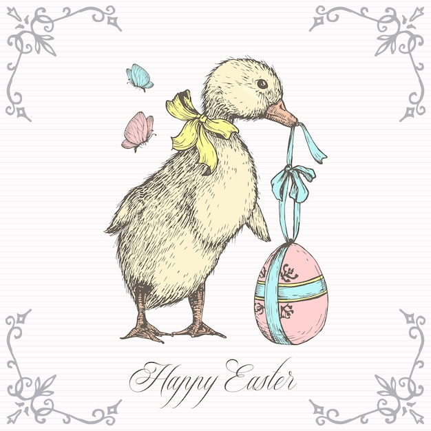 Easter Greeting Card with Hand Drawn Cute Duckling Vector Illustration Little Duck holding Gift Egg Abstract Sketch Spring Holiday Engraving Style Drawing Background Isolated