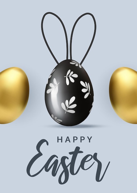 Easter greeting poster Easter black egg with bunny earsMinimal design with gold and black eggs on the gray background