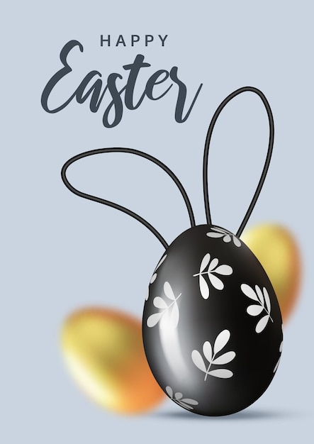 Easter greeting poster Minimal design with gold and black eggs on the gray background Easter egg with bunny ears