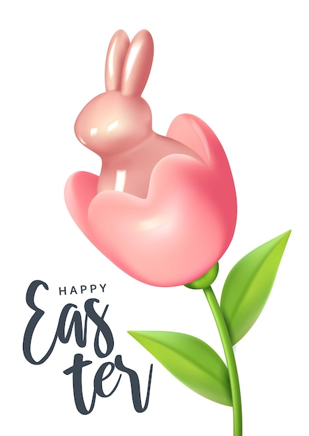 Easter greeting poster Modern minimal design with flower and rabbit Rabbit in a tulip bud