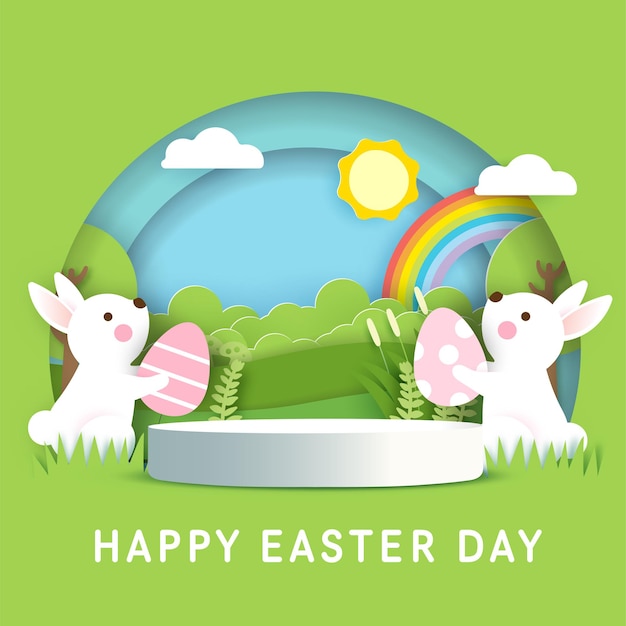 Easter greeting with 3d product podium in papercut style.