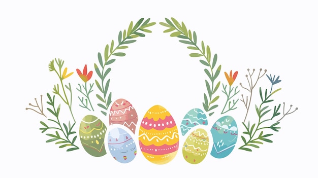 Vector easter greeting with green wreath and colorful eggs