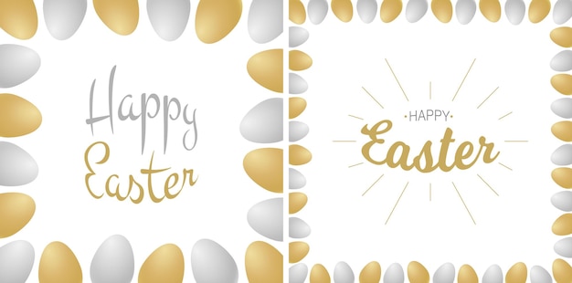 Easter greetings card Gold silver typographic with gold and silver realistic eggs  Vector