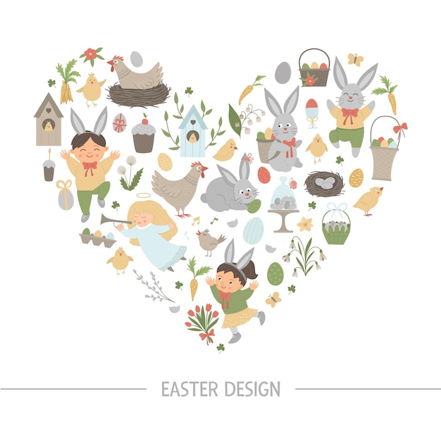  Easter heart shaped frame with bunny, eggs and happy children isolated on white background. Christian holiday themed banner or invitation. Cute funny spring card template.
