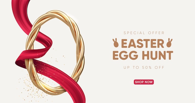 Easter Holiday background with golden egg and elegant ribbon Vector illustration