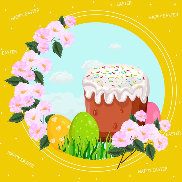 Vector easter holiday card with eggs and sweet bread