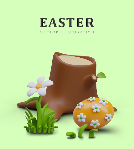 Easter holiday poster on green background Realistic tree stump grass daisy decorated egg