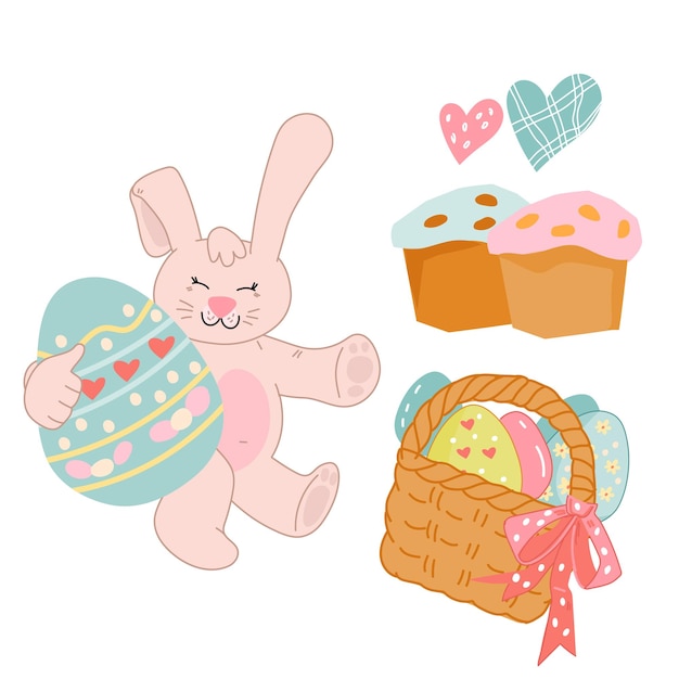 Easter holiday symbols set with bunny and eggs cakes in cute kawaii style