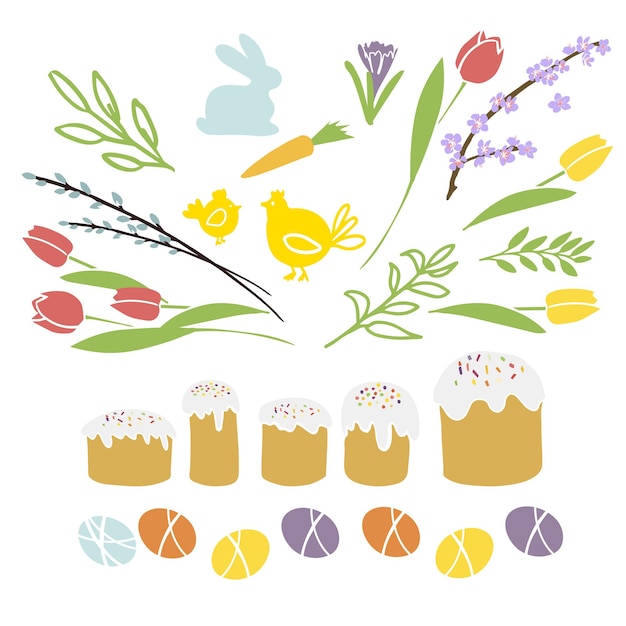 Easter illustration traditional symbols collection cake and egg spring flowers