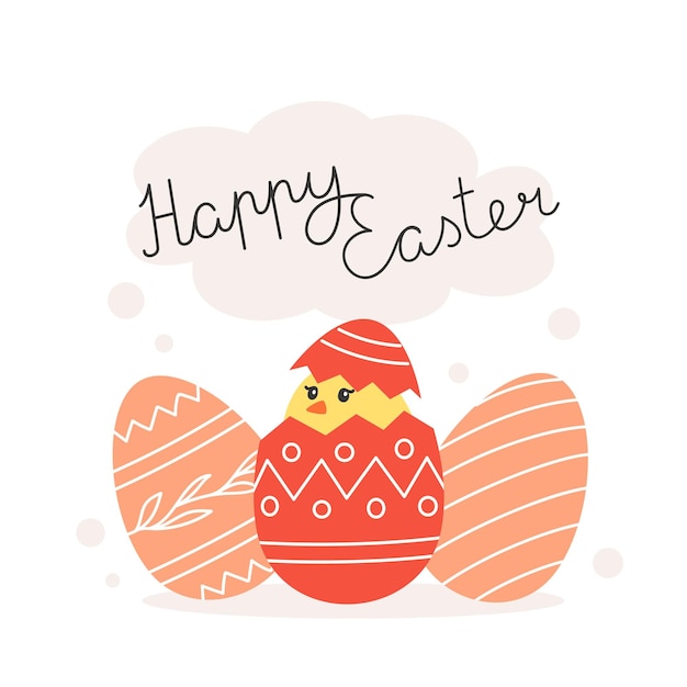 Easter illustration with chick and painted eggs in cartoon style