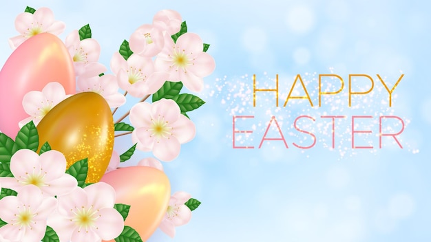 Easter light blue background with realistic painting eggs and cherry blossoms