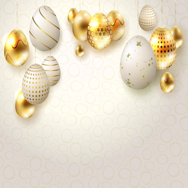 Easter light composition with eggs on golden colored pendants, postcard.