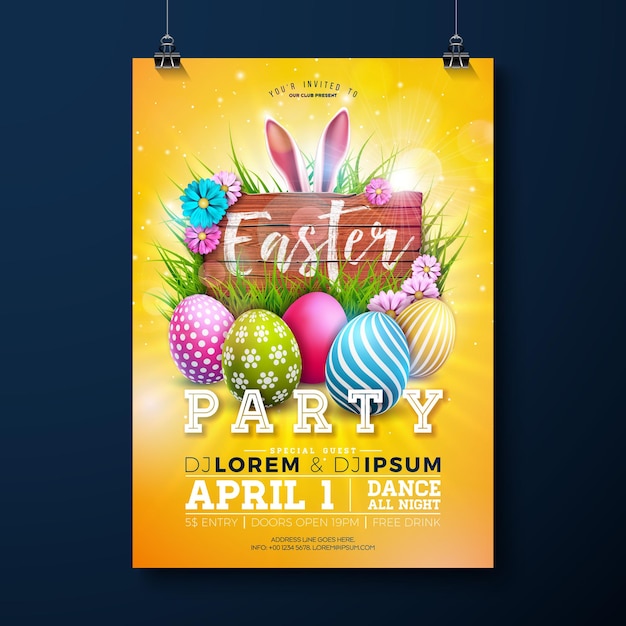 Vector easter party flyer design with painted eggs rabbit ears and flowers on nature yellow background