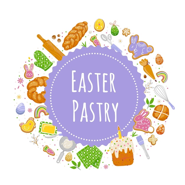 Easter pastry food with kitchen utensilsspring decorationtemplate for cover