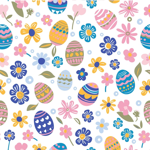 Easter pattern spring flowers and colorful decorated eggs on white background vector illustration