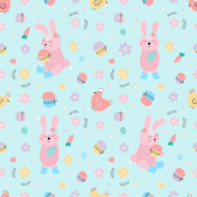 Easter pattern with bunny cakes eggs willow