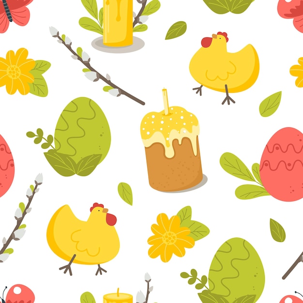 Easter pattern with a cake of eggs and chicken on a white background Vector illustration in a flat