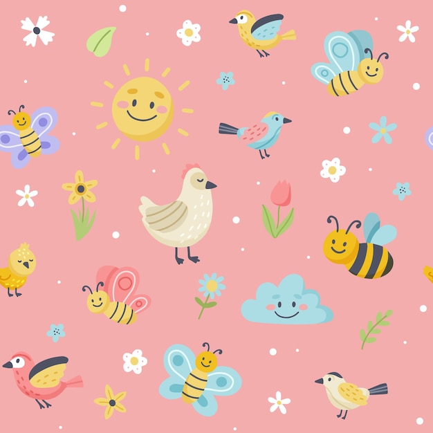 Easter pattern with cute butterflies, bees and birds. Hand drawn flat cartoon elements.