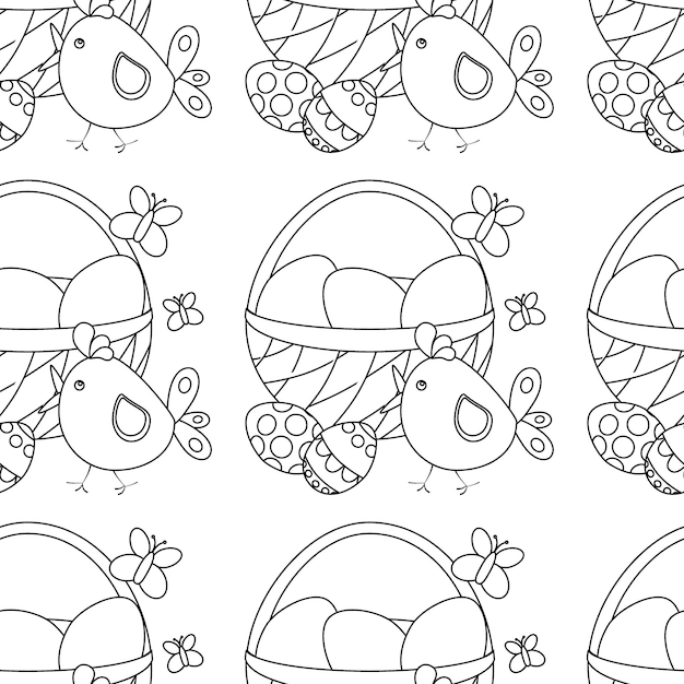 Easter pattern with eggs in basket butterflies chicken