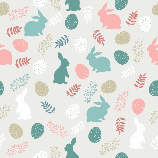 Easter pattern with eggs bunnies and flowers in pastel colors