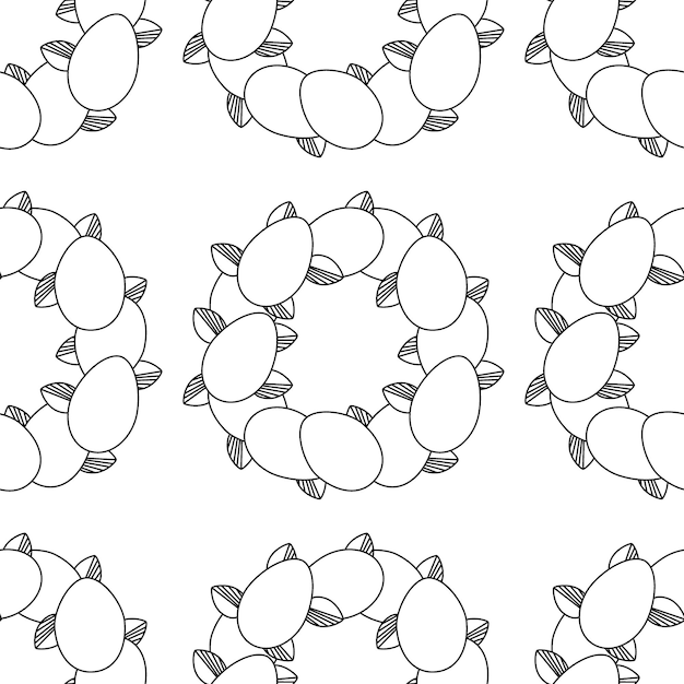 Easter pattern with eggs leaves wreath Line art