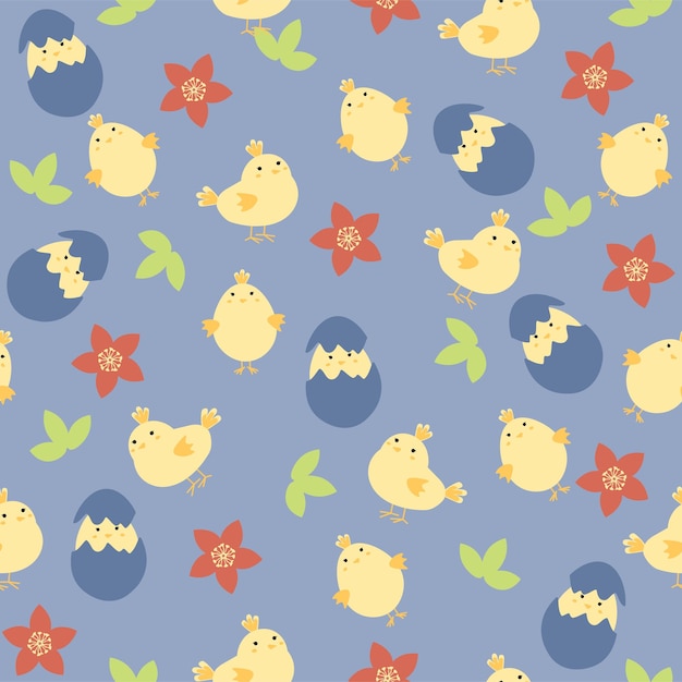 Easter pattern with eggs little chickens and flowers in pastel colors