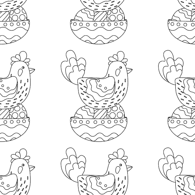 Easter pattern with a plate with eggs and a chicken sitting on eggs