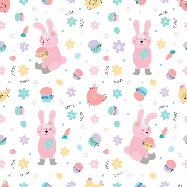 Easter pattern with rabbits cakes eggs willow flowers  vector illustration